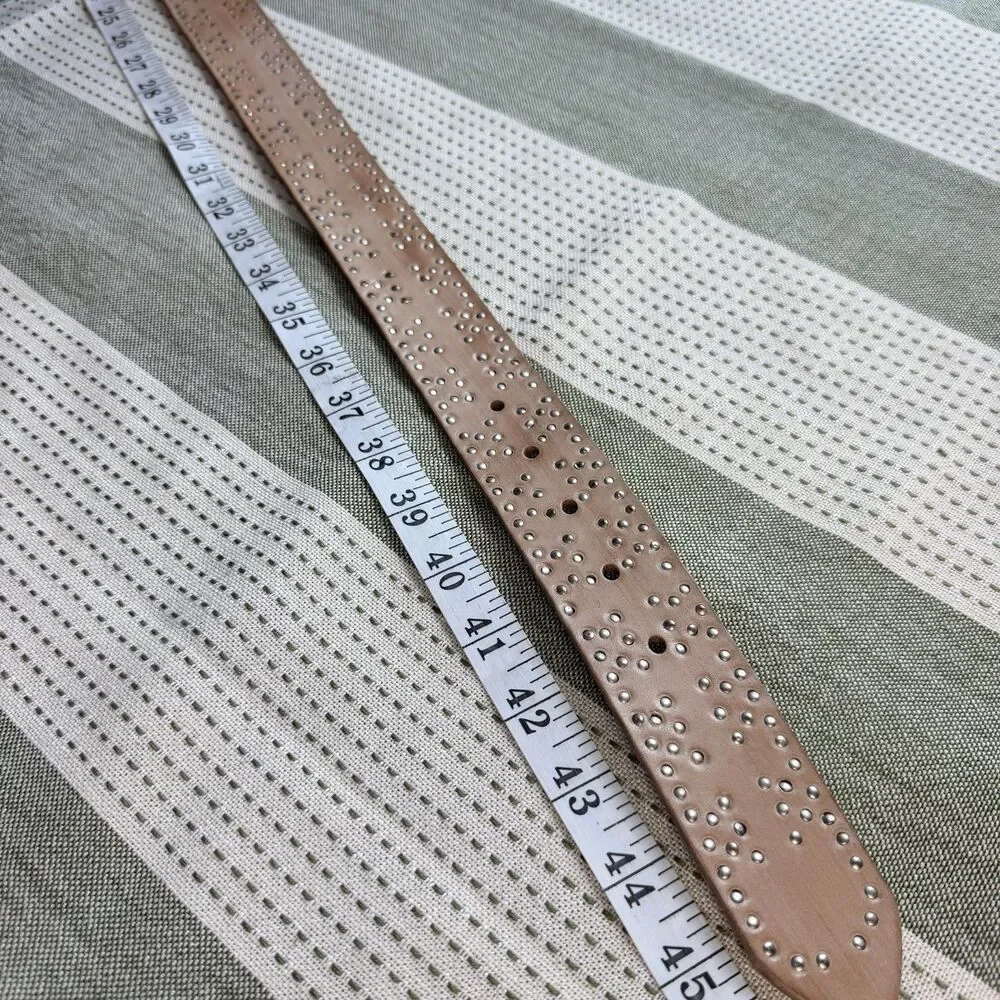 Women’s Tan Brown Leather Belt Silver Buckle & Studs NEW Size L
